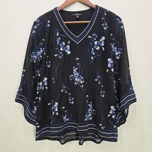 Vtg 90s Y2K Alfani Blouse Top M Petite Black Floral Embroidered Bell 3/4 Sleeves